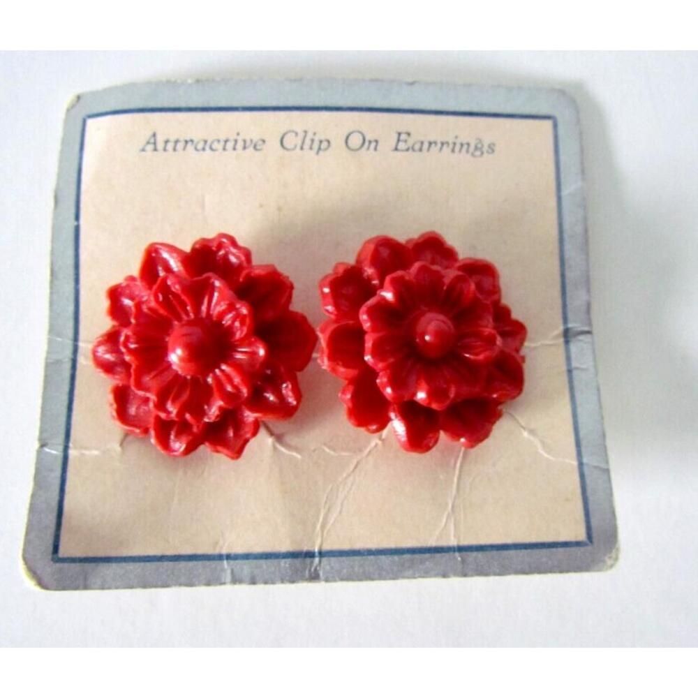 Vintage Floral Carved Plastic Earrings Red 1940s Deadstock NOS